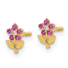 14K Polished Dark Pink & White CZ Flower Screwback Post Earrings