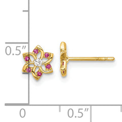 14K Polished Red and White CZ Flower Post Earrings