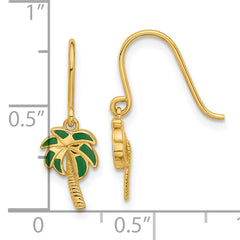 14k Polished Green Enameled Palm Tree Shepherd Hook Dangle Earrings
