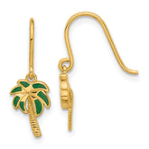 14k Polished Green Enameled Palm Tree Shepherd Hook Dangle Earrings