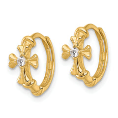14k Polished CZ Cross Round Hinged Hoop Earrings