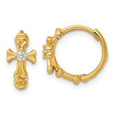 14k Polished CZ Cross Round Hinged Hoop Earrings