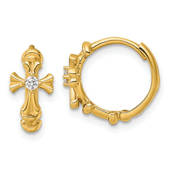 14k Polished CZ Cross Round Hinged Hoop Earrings