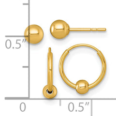 14k Polished Set of Two Pair 4.00mm Ball Post and Beaded Endless Hoop Earrings