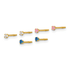 14k Polished 2mm White/Pink/Blue CZ Screwback Post Set of 3 Pair Earrings
