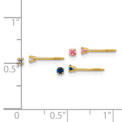 14k Polished 2mm White/Pink/Blue CZ Screwback Post Set of 3 Pair Earrings