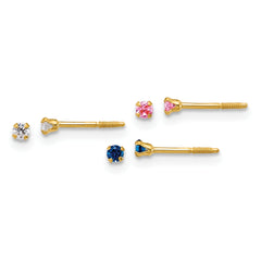 14k Polished 2mm White/Pink/Blue CZ Screwback Post Set of 3 Pair Earrings