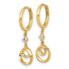 14k Polished and Twisted Dangling Circle and CZ Round Hinged Hoop Earrings