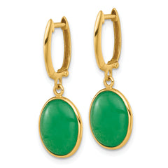 14K Polished Oval Jade Cabochon Dangle Hinged Hoop Earrings