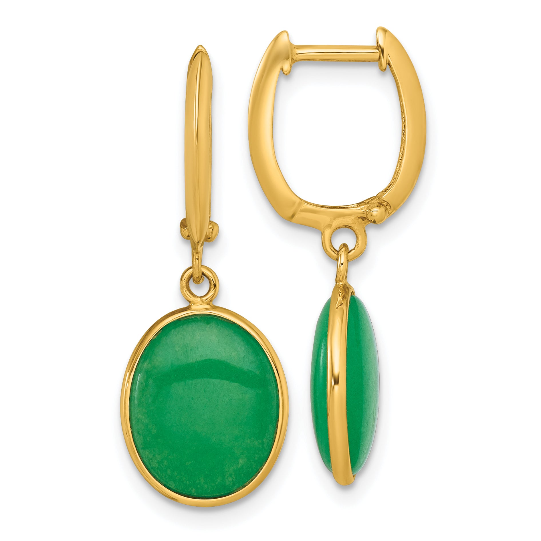14K Polished Oval Jade Cabochon Dangle Hinged Hoop Earrings