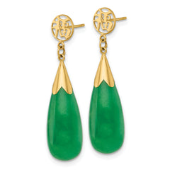 14K Polished Good Luck Symbol Jade Teardrop Post Dangle Earrings