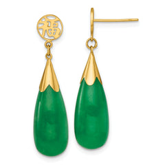 14K Polished Good Luck Symbol Jade Teardrop Post Dangle Earrings