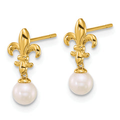 14k Polished Fleur de Lis 3-4mm Freshwater Cultured Pearl Post Dangle Earrings