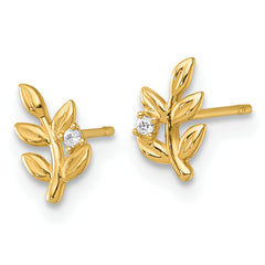 14k Polished CZ Leaf Post Earrings