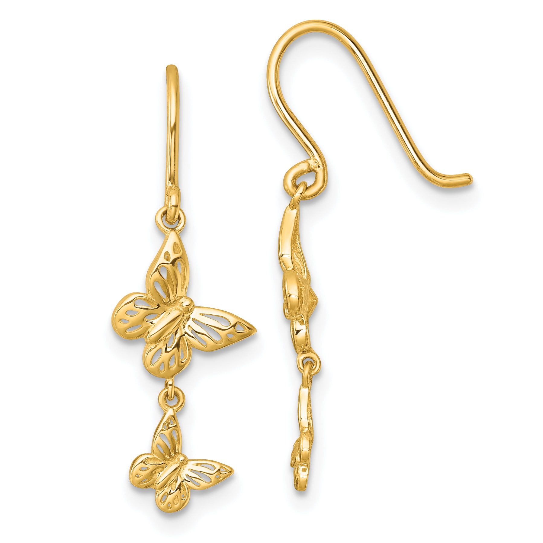 14k Polished Double Butterfly Shepherd Hook Dangle Earrings