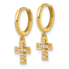 14k Polished and Diamond-cut Dangling CZ Cross Round Hinged Hoop Earrings