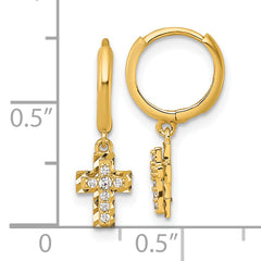 14k Polished and Diamond-cut Dangling CZ Cross Round Hinged Hoop Earrings