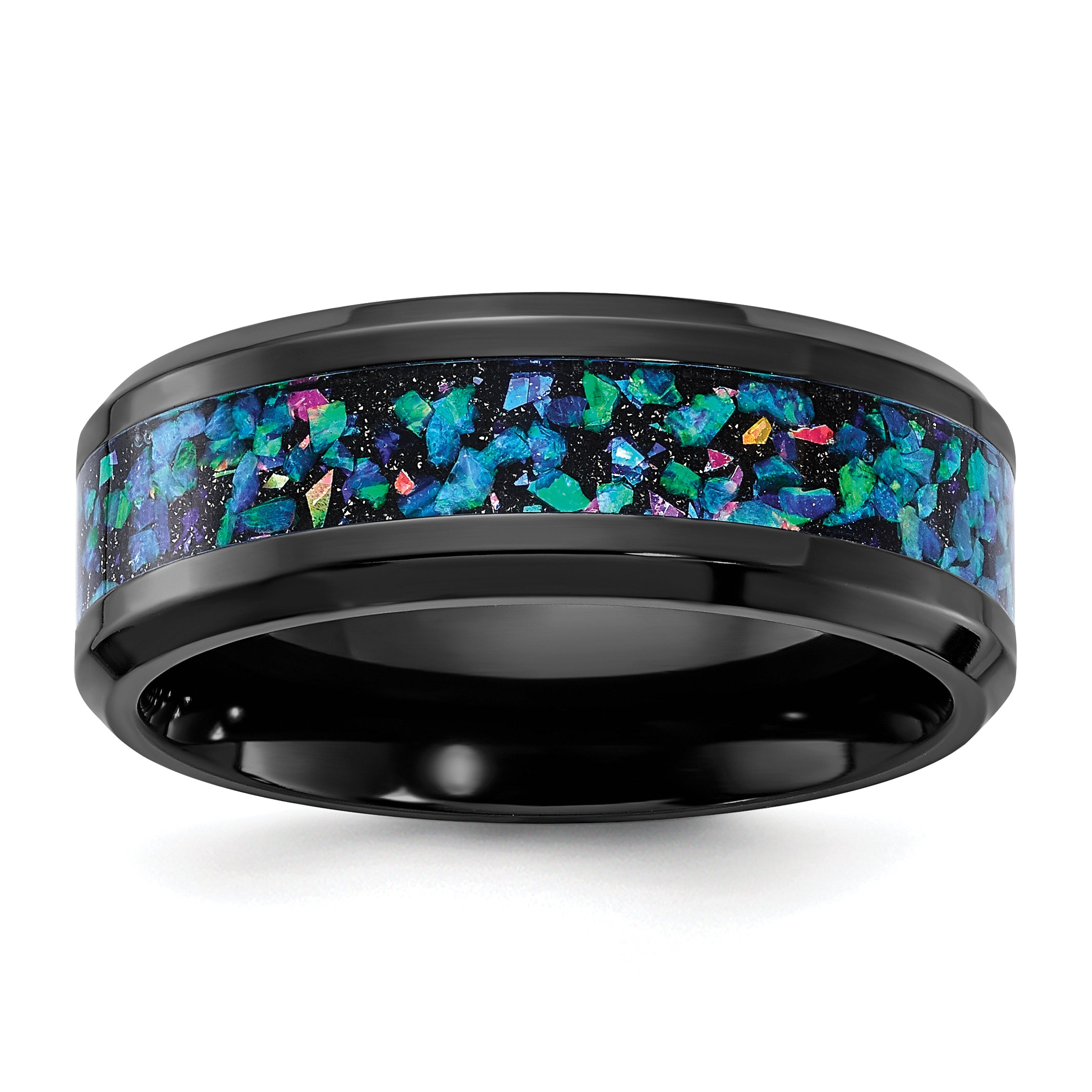 Black Zirconium Polished with Imitation Opal Inlay 8mm Band