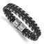 Stainless Steel Polished Cable and Black Leather Bracelet for Men
