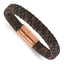 Stainless Steel Polished Rose IP-plated Brown Braided Leather Bracelet for Men
