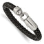 Stainless Steel Antiqued and Polished Black Braided Leather Bracelet for Men