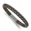 Stainless Steel Polished Cable and Brown Leather Bracelet for Men