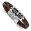 Stainless Steel Antiqued and Polished Cross Braided Brown Leather Bracelet for Men