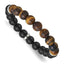 Stainless Steel Polished 10.5mm Black Agate and Tiger's Eye Beaded Stretch Bracelet for Men