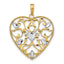 14K Yellow Gold With Rhodium Filigree Leaf Accent Heart Charm
