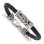 Stainless Steel Antiqued Polished and Textured Fleur de Lis Black Braided Leather Bracelet for Men