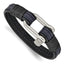 Stainless Steel Polished Shackle Black and Blue Leather Bracelet for Men