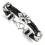 Stainless Steel Antiqued & Polished Fleur De Lis Black Leather Bracelet for Men