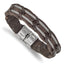 Stainless Steel Polished Cable and Brown Leather Bracelet for Men