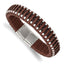 Stainless Steel Polished Beaded Brown Leather Bracelet for Men