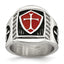 Stainless Steel Antiqued and Polished with Red Enamel Cross and Shield Ring
