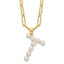 Sterling Silver Gold-plated 3-5.5mm White Button Freshwater Cultured Pearl LETTER T 18 inch Necklace