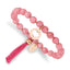 Stainless Steel Polished Rose IP-plated Heart 6mm Pink Jade Beaded Stretch Bracelet with Tassel for Women