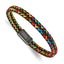 Stainless Steel Antiqued Braided Brown Leather and Multi-color Nylon Bracelet