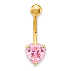 10K Yellow Gold Pink CZ Heart Navel Dangle Jewelry Casted Elegance