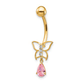 10k W/Dangle Butterfly/Pink Cz Belly Dangle