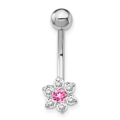 10K White Gold Belly Dangle with Pink CZ Flower Center