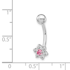 10K White Gold Belly Dangle with Pink CZ Flower Center