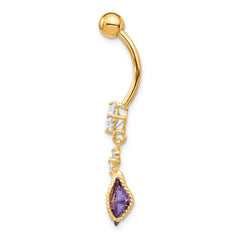 10K Gold Belly Dangle with Square Amethyst and CZ Elegance