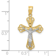 10K Gold Crucifix Pendant with Rhodium Filigree and Polished Finish