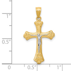 10K Gold Fleur De Lis Crucifix Pendant with Rhodium Accents Polished Finish