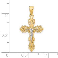 10K Gold Crucifix Pendant with Rhodium Accents, Polished Solid Design