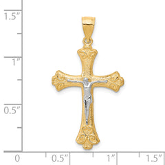 10K Gold Fleur De Lis Crucifix Pendant with Rhodium Accents, Polished Finish