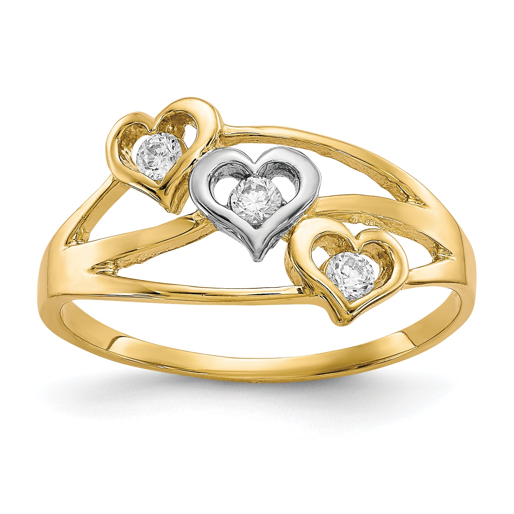 10K WithRhodium Triple Heart 3 Stone CZ Ring