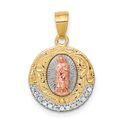 10K Two-Tone w/ Rhodium CZ Lady Of Guadalupe Round Pendant