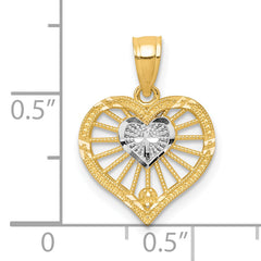 10K Gold Heart Pendant with Rhodium Cross Charm Polished and Solid Design
